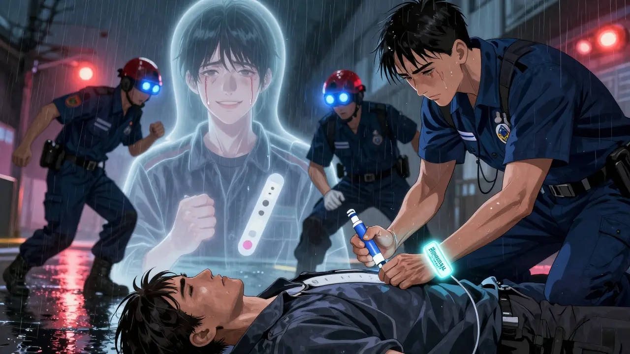 EMT giving epinephrine injection as medical alert bracelet glows, emergency lights reflect on wet ground.