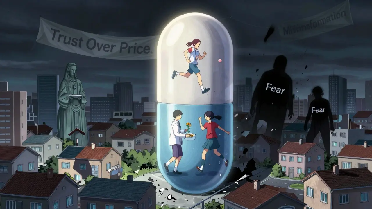Giant generic pill as a protective statue over a city, with healthy patients thriving beneath it while fear figures crumble.