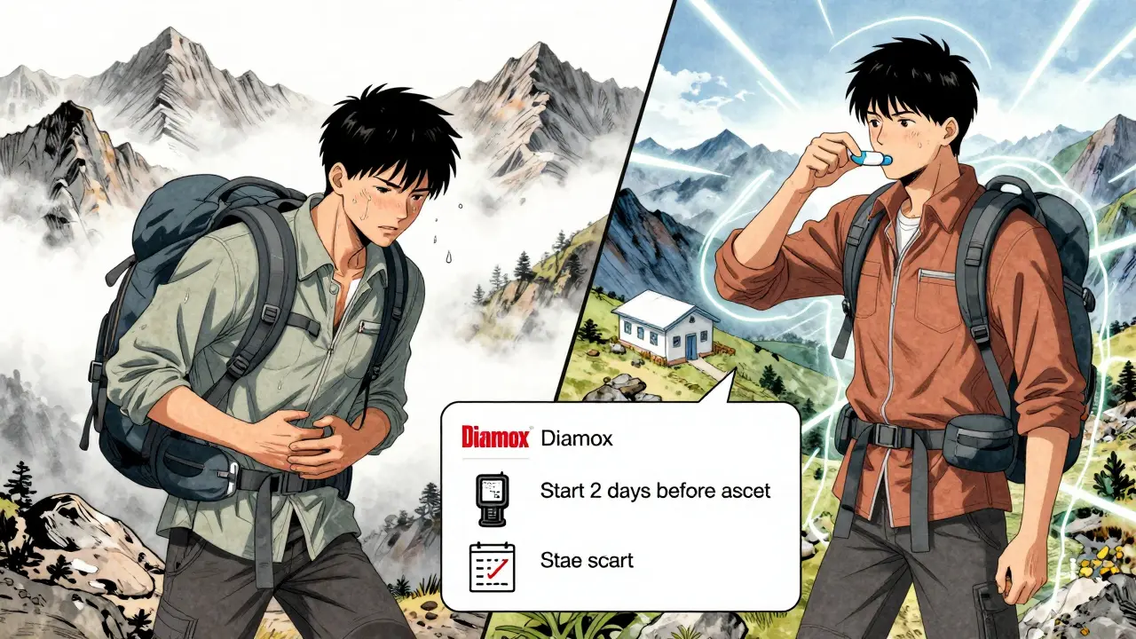 Hiker taking altitude sickness medication in the Andes, with protective energy lines and medical icons floating nearby.