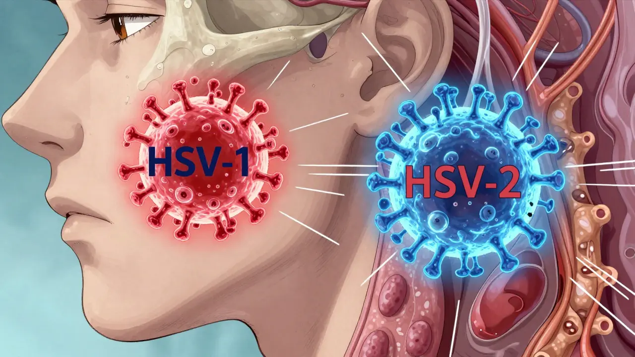 HSV-1 and HSV-2 viruses illustrated near nerve clusters, showing differences in body location and activity.
