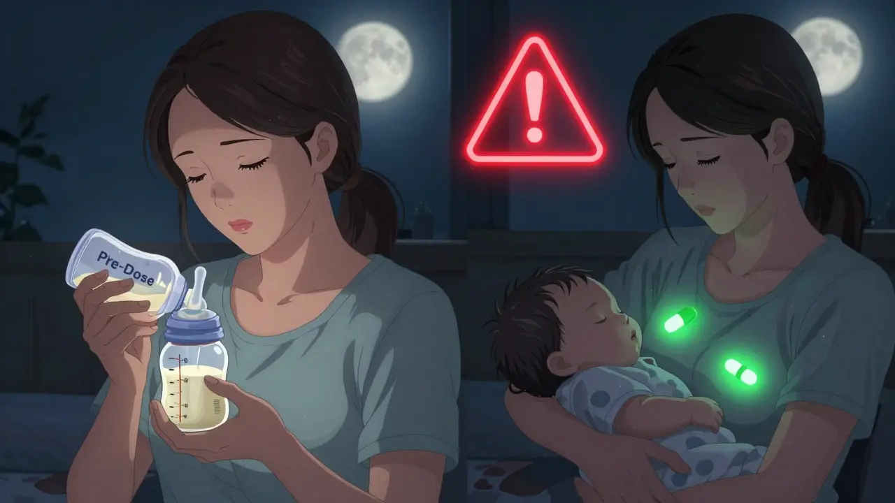 Mother pumping milk before taking medication while her baby sleeps peacefully beside her.