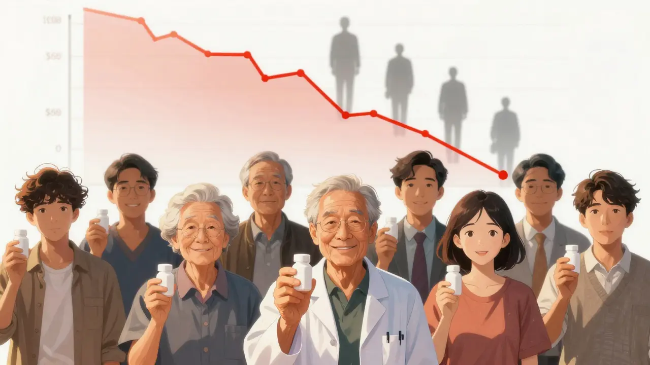 Patients smiling with generic medicine bottles, backlit by sunlight as a financial graph shows dramatic cost reduction behind them.