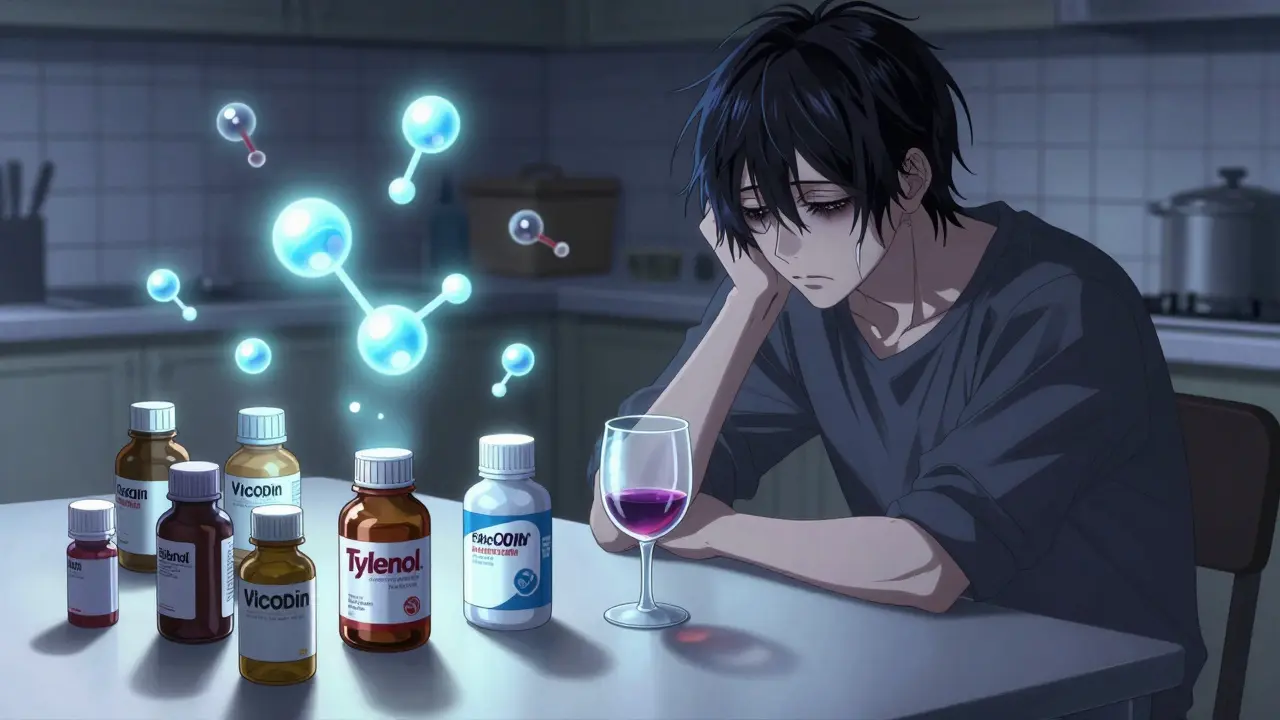 Person surrounded by multiple medicine bottles with glowing acetaminophen molecules and a wine glass nearby.