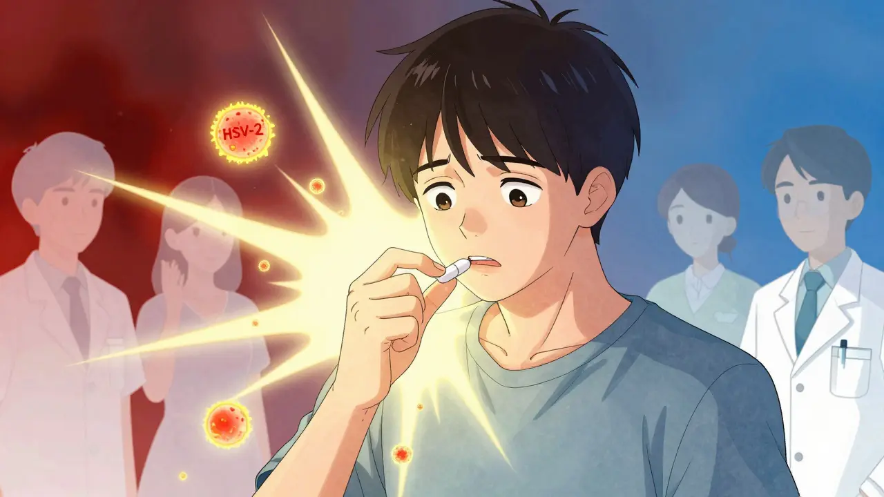 Person taking antiviral medication as viral particles are suppressed, representing effective herpes management.