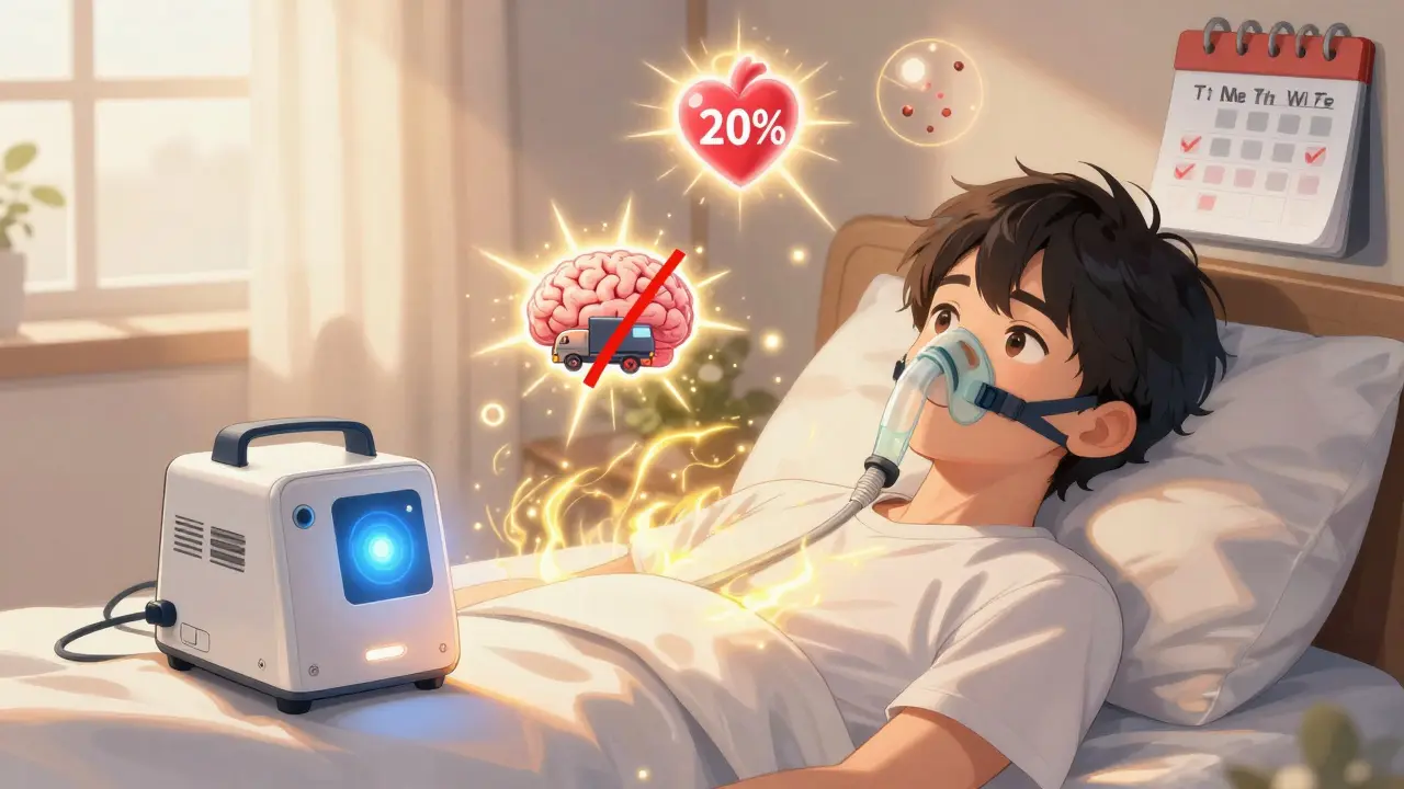 Person waking up refreshed with golden energy waves, CPAP machine nearby, icons showing improved health metrics.