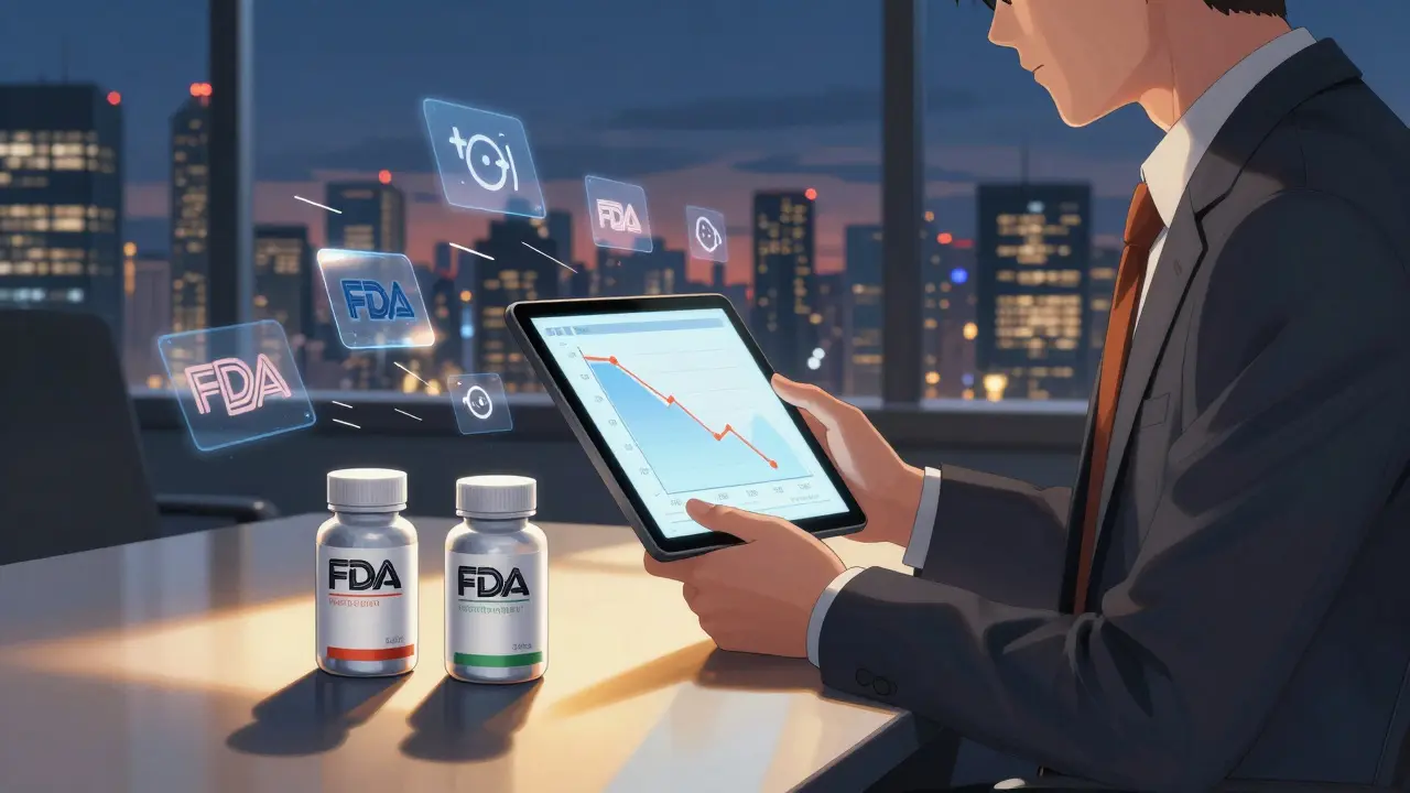 Pharmaceutical executive watching a price drop graph as generic and brand drug bottles appear on a table.