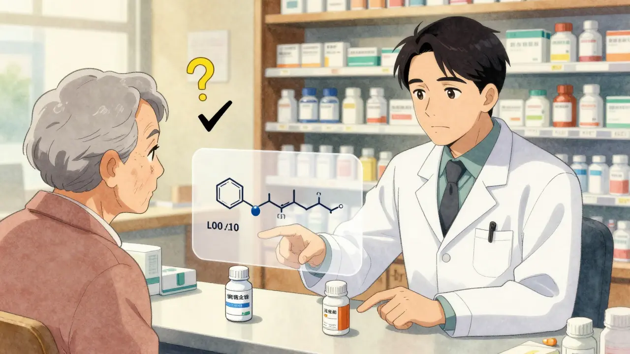 Pharmacist explaining identical pills to an elderly patient in a cozy pharmacy, with chemical structure overlay.