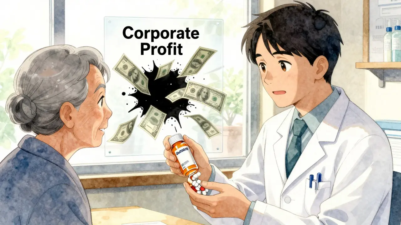 Pharmacist gives patient a low-cost generic pill, hidden corporate profits fading away.