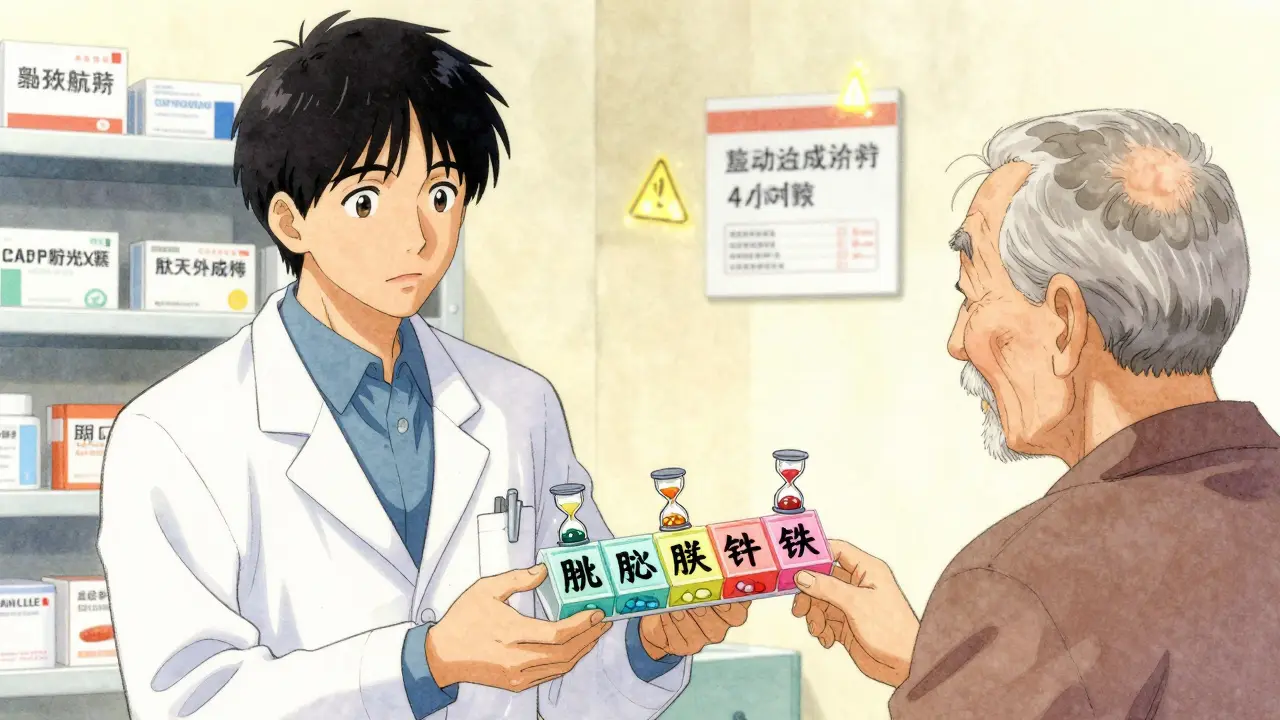 Pharmacist giving color-coded pill organizer with time-gap hourglasses to patient.