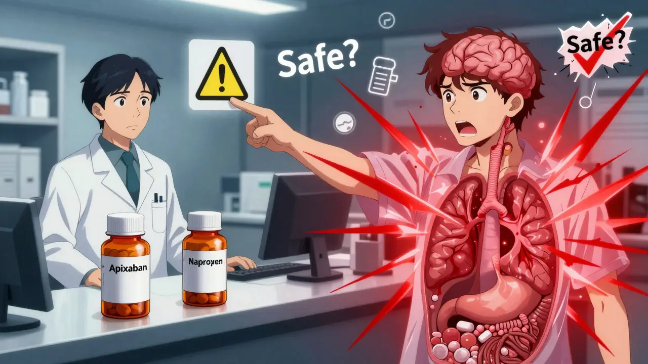 Pharmacist warning a patient about dangerous drug combo with internal bleeding effects glowing around the body.