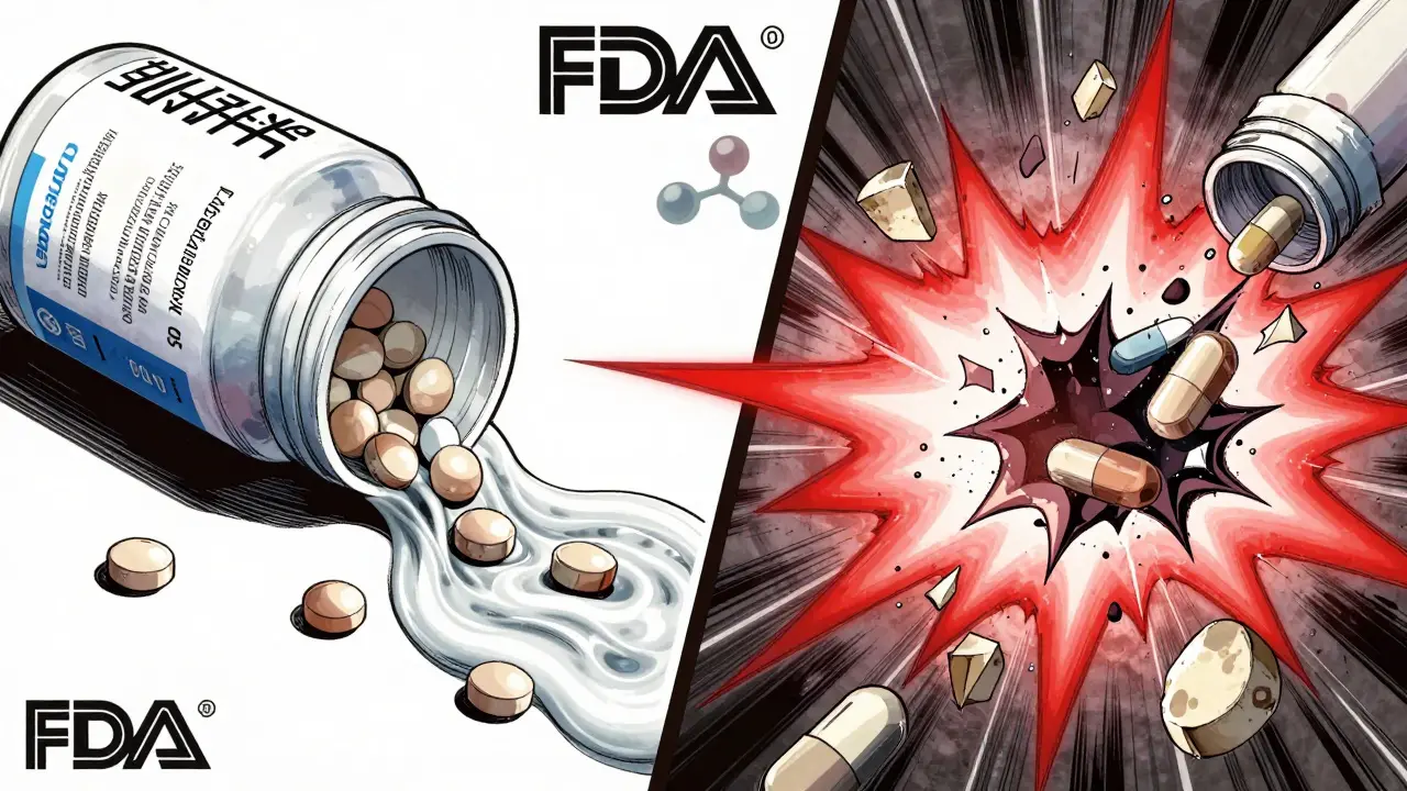 Side-by-side comparison of brand and generic pill excipients, one smooth, one chaotic.