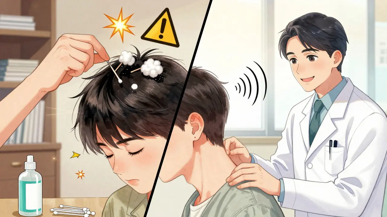 Split scene: chaotic home ear-cleaning attempt vs. calm professional earwax removal.