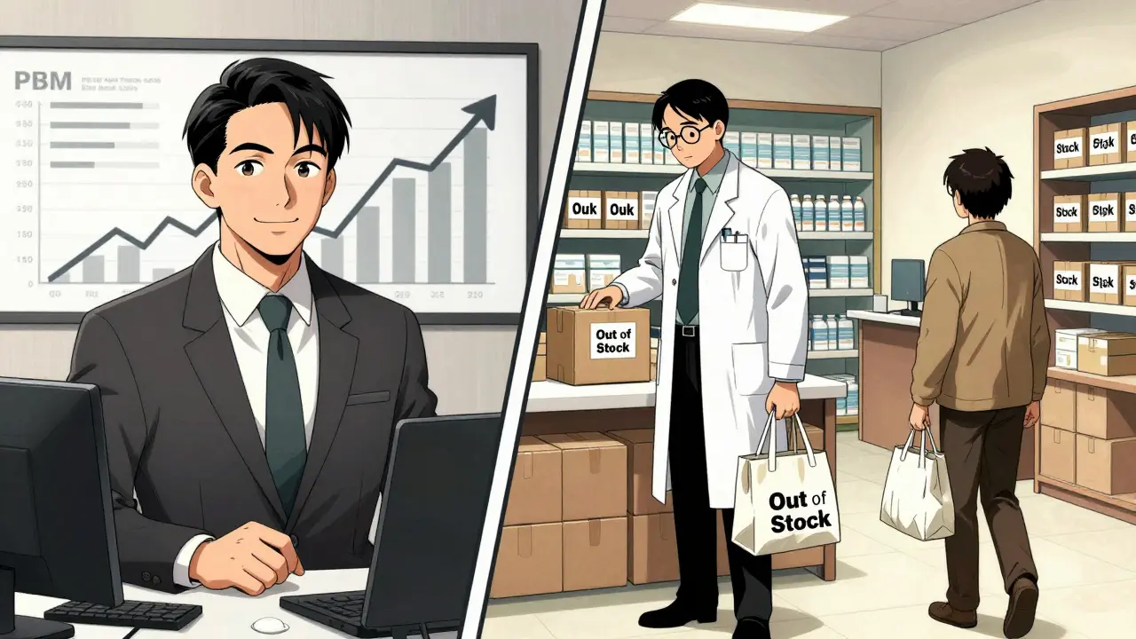 Split scene: PBM executive celebrates profits while pharmacist packs up a closing pharmacy.