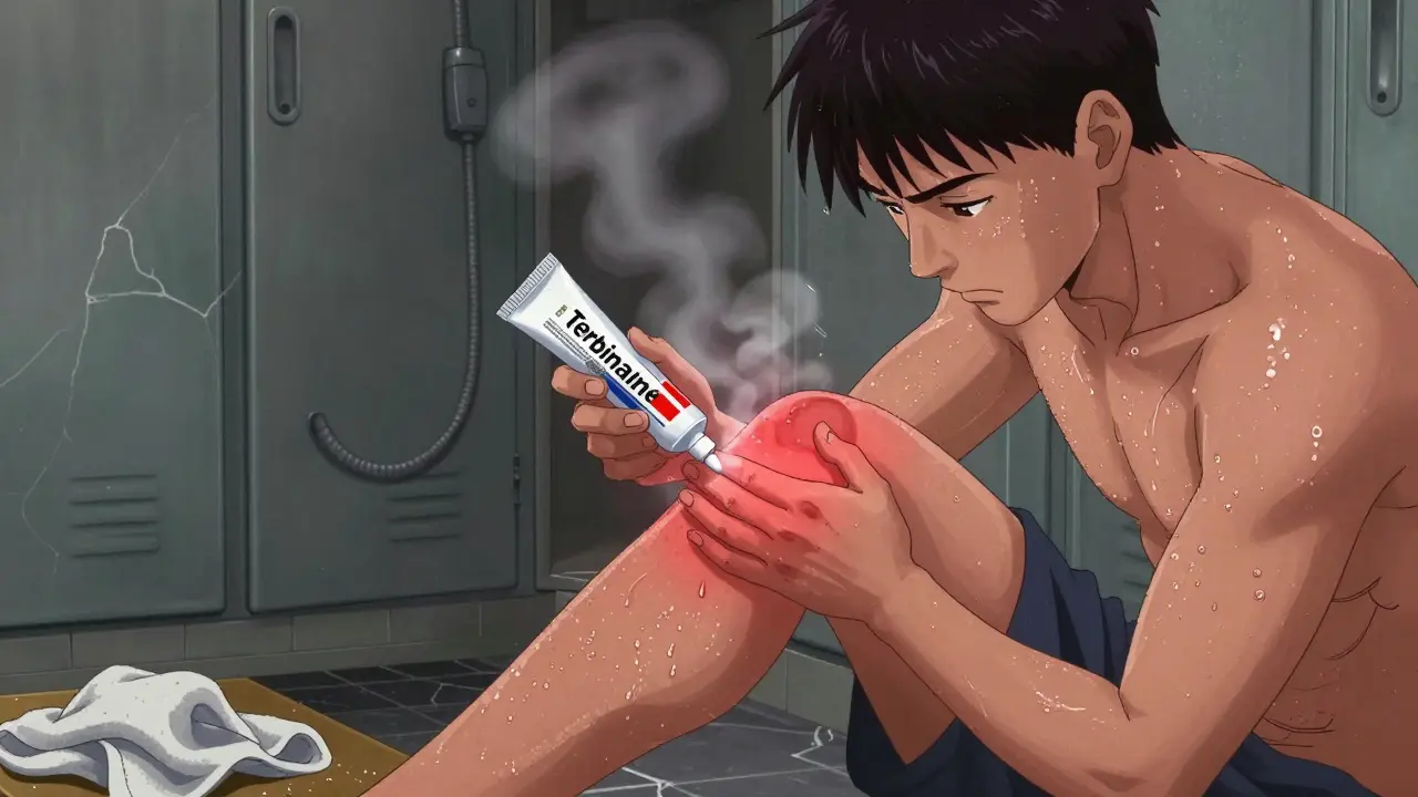 Teenager applying antifungal cream to a red, ring-shaped rash on inner thigh.