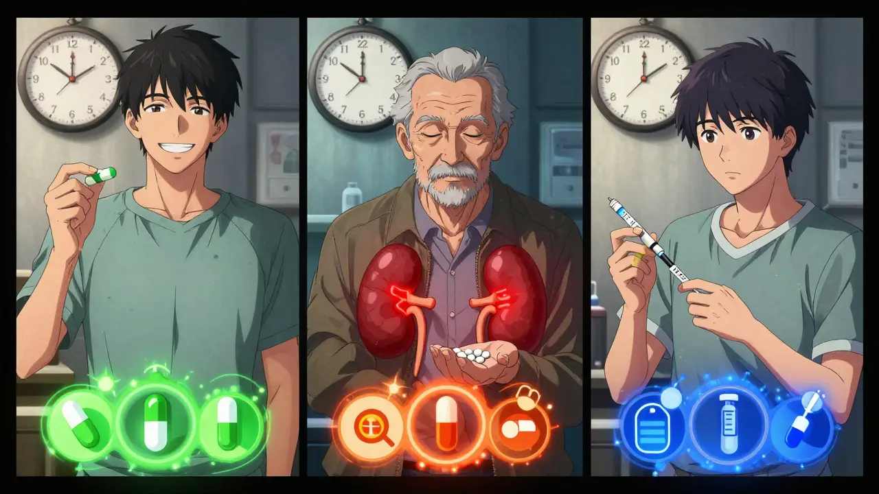Three patients with different treatments, connected by a 24-hour countdown clock.