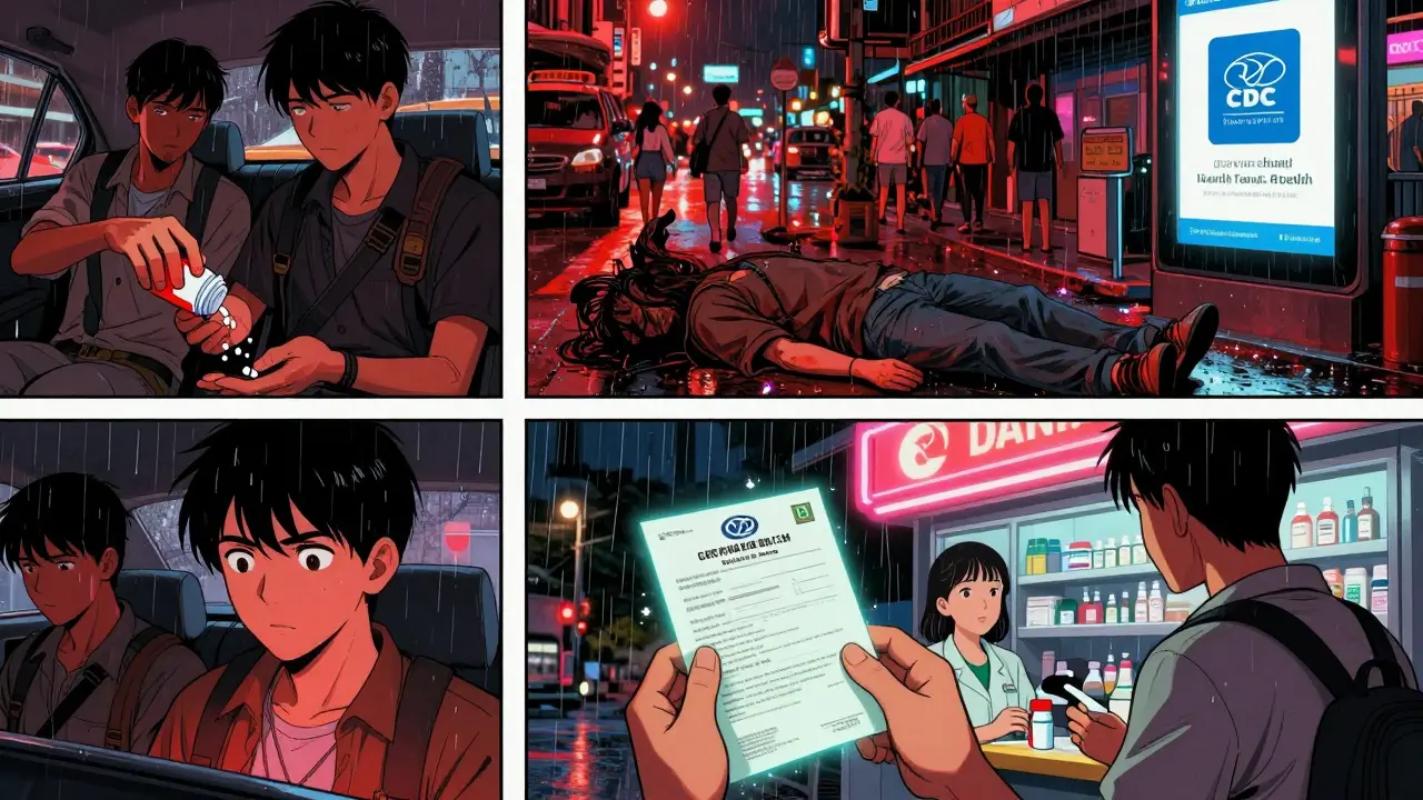 Traveler receiving medicine abroad after losing pills, holding an emergency letter under a neon-lit street awning.