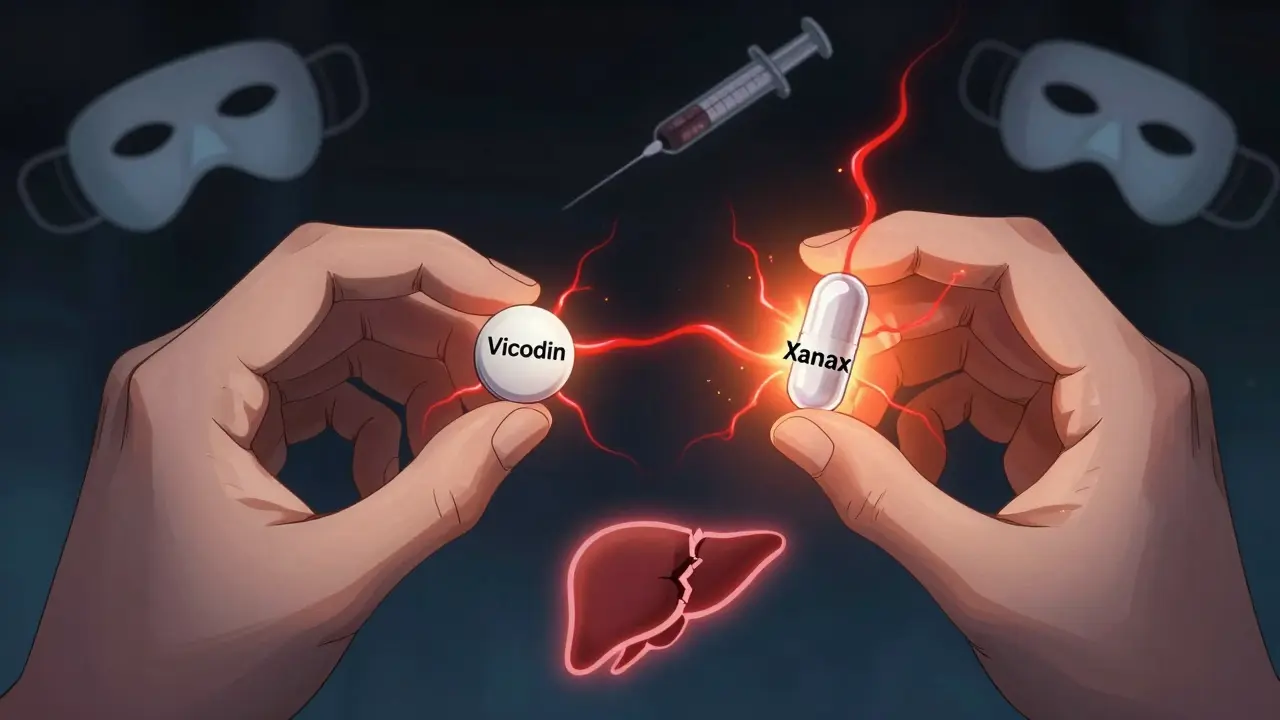 Two dangerous pills emitting toxic energy with a glowing liver icon beneath them in a dark setting.