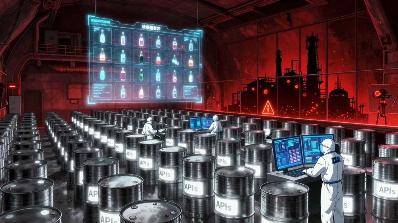 Underground storage of pharmaceutical raw materials with technicians monitoring digital supply data.