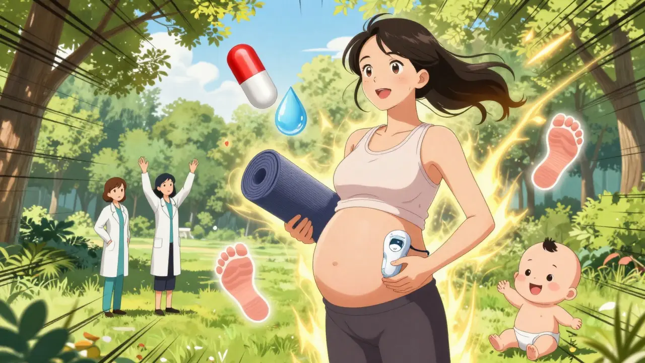 Woman in third trimester standing confidently in park with safe migraine treatments glowing around her.