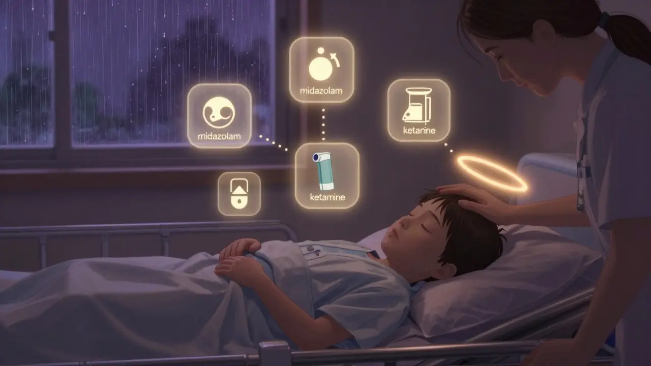 A child sleeps peacefully on a gurney with floating medication icons above, parent's hand on forehead in dim hospital room.