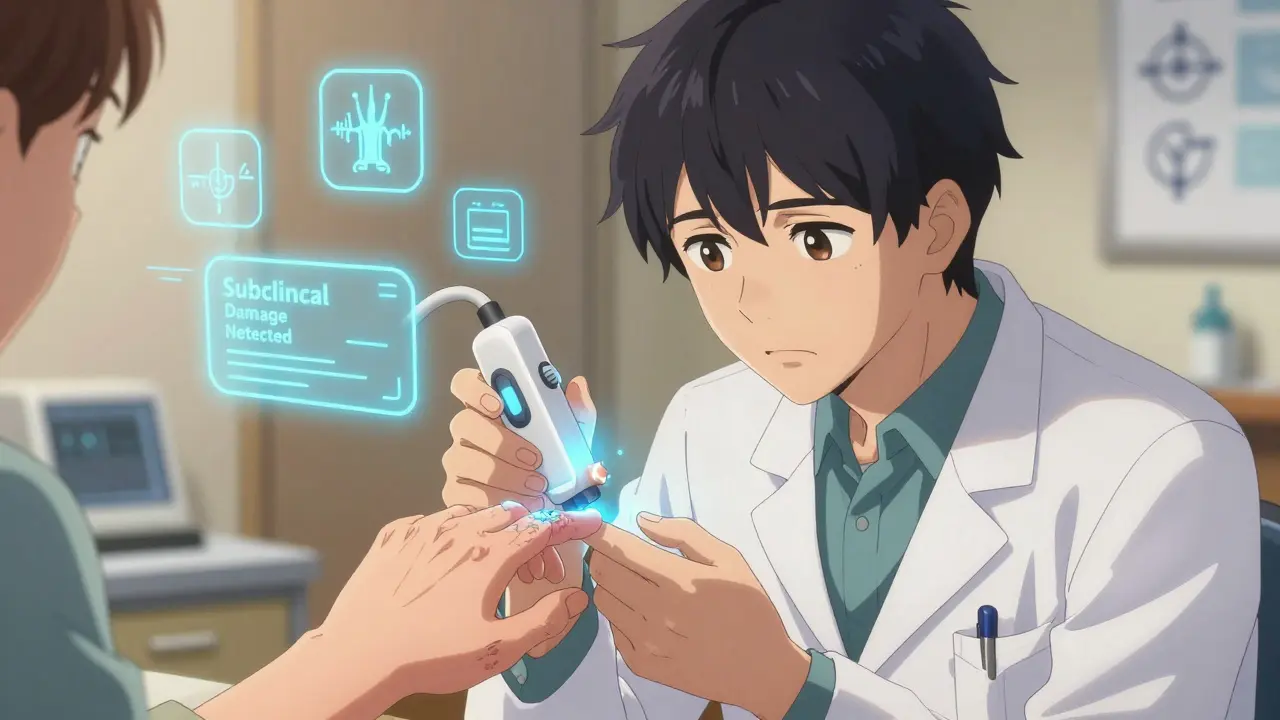 A doctor uses a handheld device to detect early nerve damage during a neurological exam.