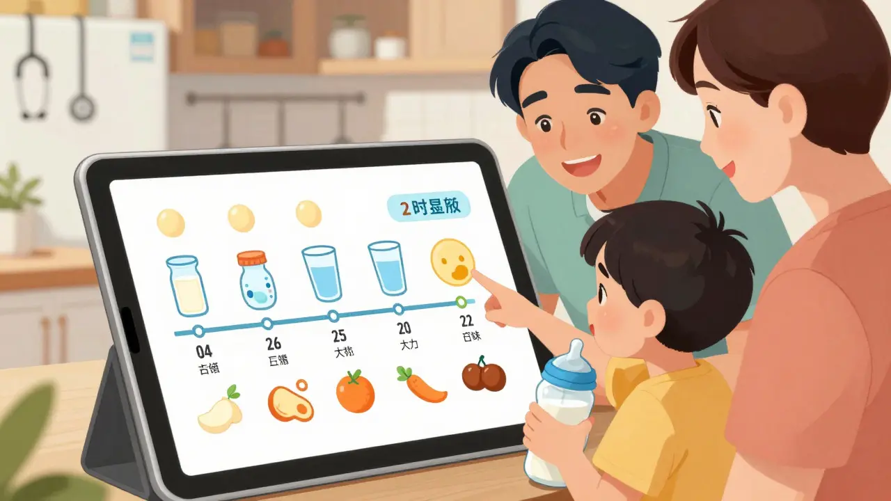 A family reviews a colorful fasting timeline chart at home with icons for food, liquids, and time limits.