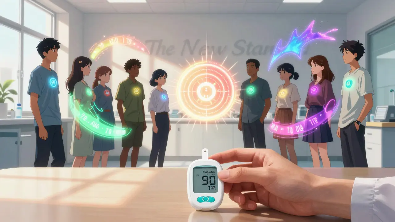 A group of people with individual CGM data auroras, converging toward the ADA 2025 Time in Range standard.