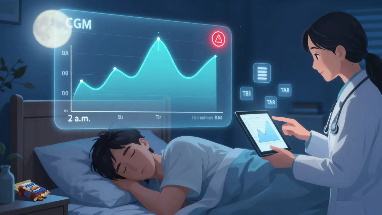 A man sleeping as his CGM shows a nighttime glucose spike from a hidden snack, with a diabetes educator guiding him.