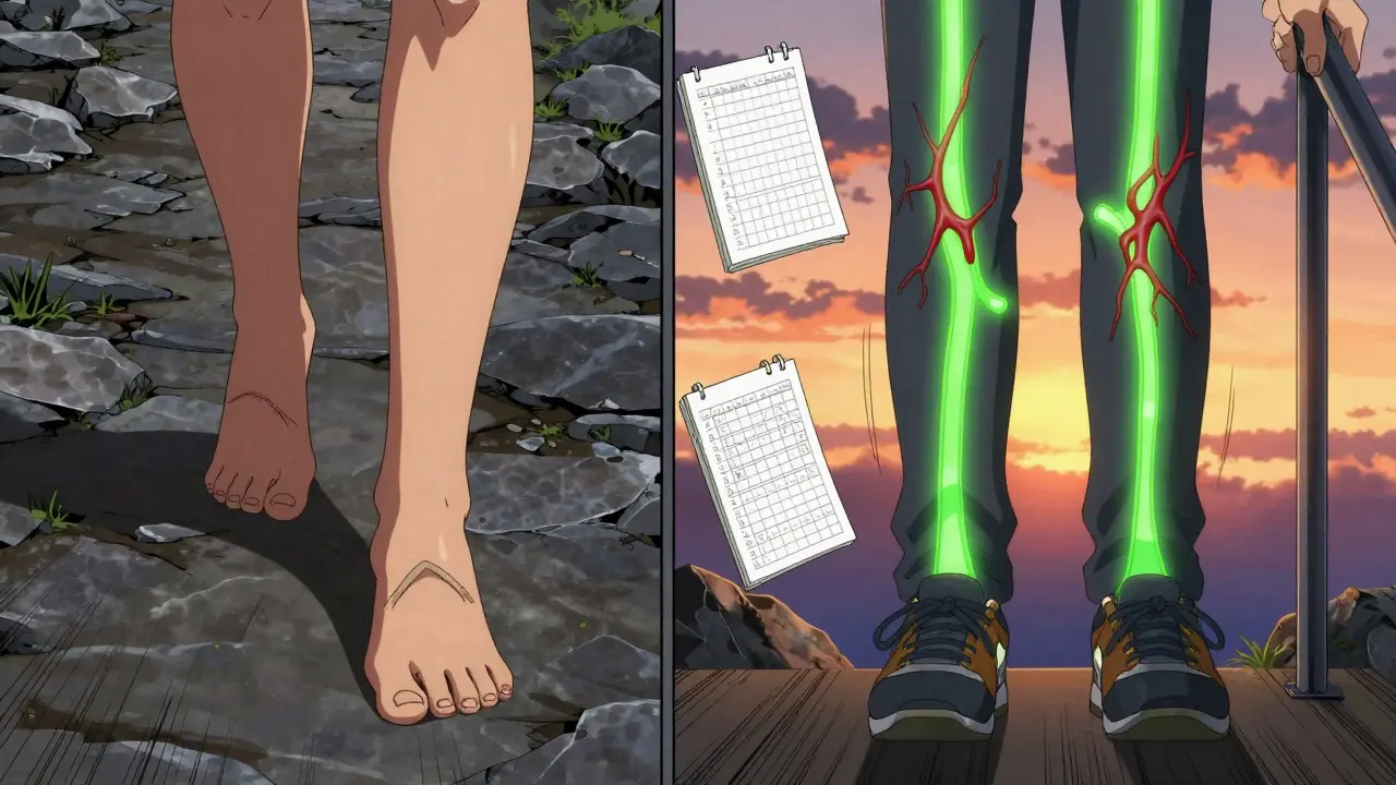 A person transitions from walking barefoot with unnoticed injuries to using safety measures for neuropathy.