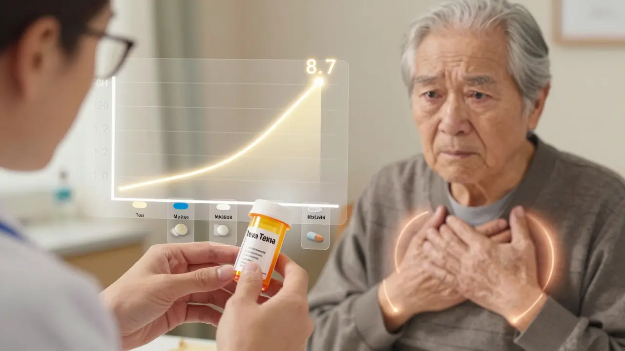 A pharmacist handing a prescription bottle to an elderly patient, with a glowing graph showing thyroid hormone levels spiking after a generic switch.