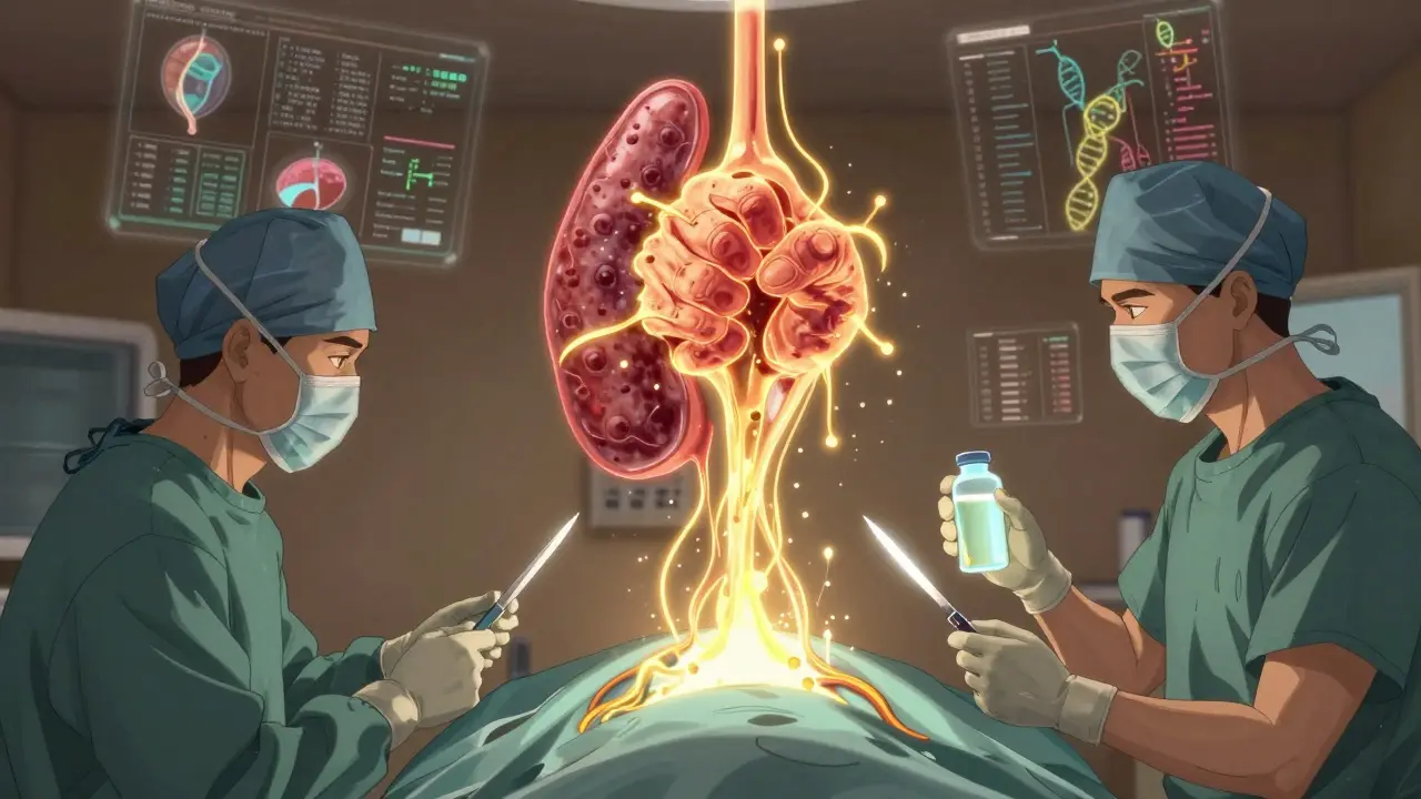 Adrenal gland with glowing tumor releasing adrenaline streams, surgeons preparing for surgery with diagnostic readouts in background.