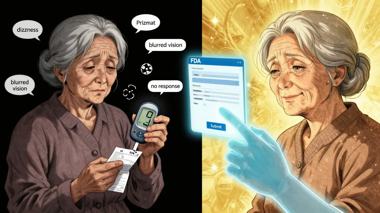 An elderly woman looking at a broken glucose monitor while a digital guide helps her submit a report to the FDA.