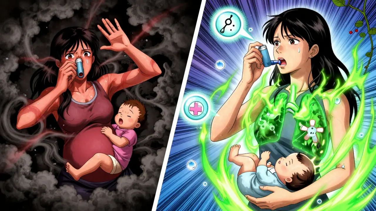 Contrasting scenes of stopping vs. using asthma medication during pregnancy, with symbolic dark and light energy.