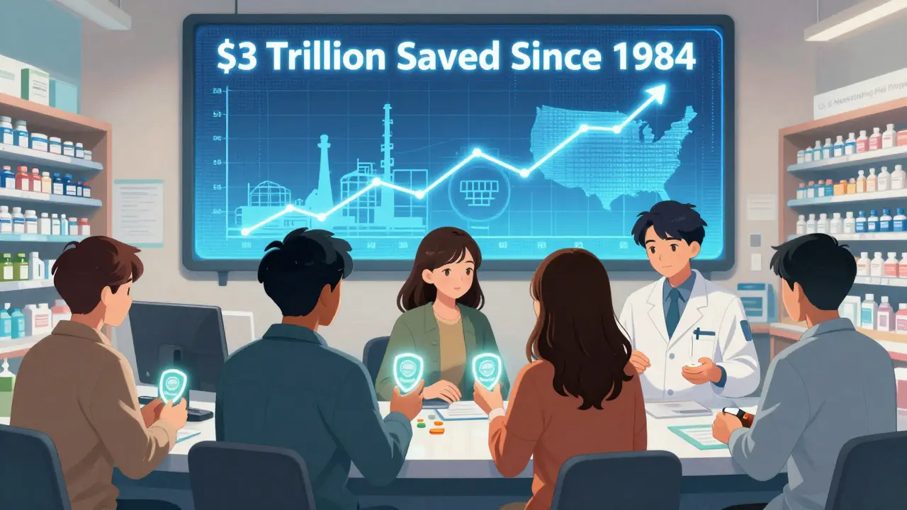Diverse patients receiving FDA-approved generic pills at a pharmacy, with a digital billboard showing  trillion saved since 1984.