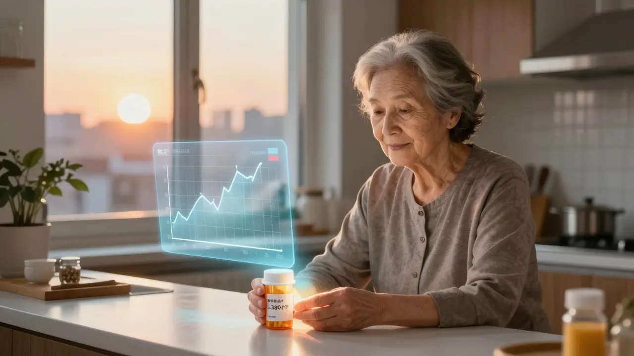 Elderly woman holding generic medication with a glowing graph showing stable health metrics.