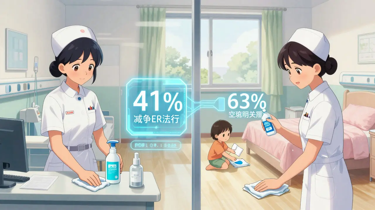Hospital and home cleaning scenes connected by data showing improved health outcomes.