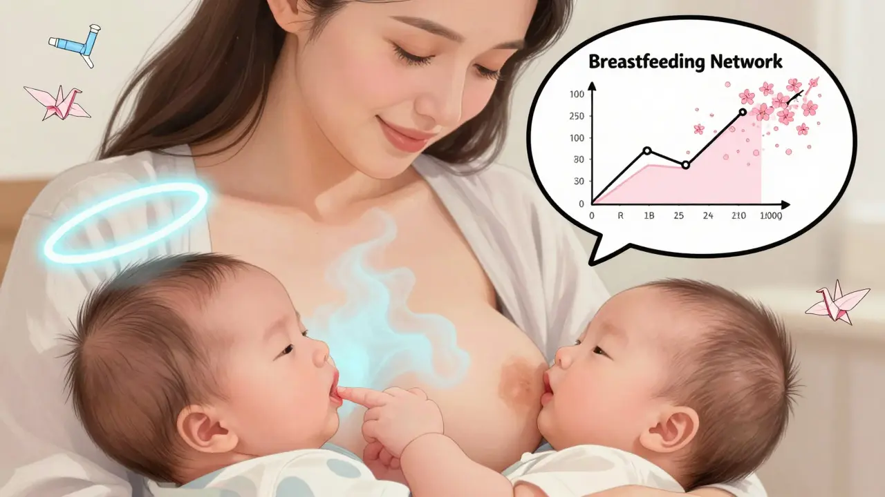 Mother breastfeeding safely with minimal medication transfer, gentle blue mist and medical icons as cranes.