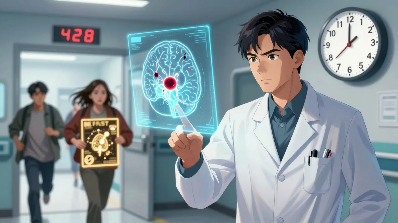 Neurologist pointing at holographic brain scan with ticking 48-hour clock and BE FAST poster glowing