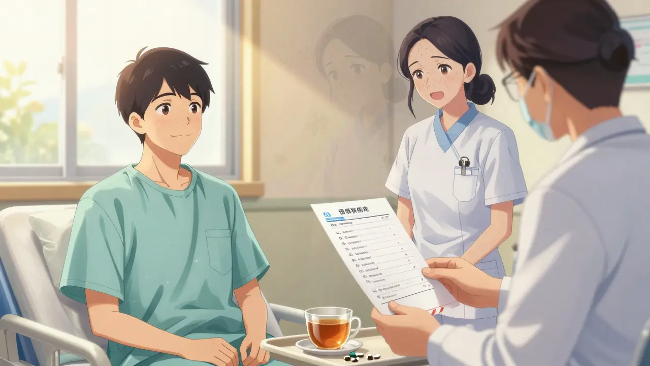 Patient calmly recovering as a nurse lowers steroid dosage, with morning light symbolizing healing.