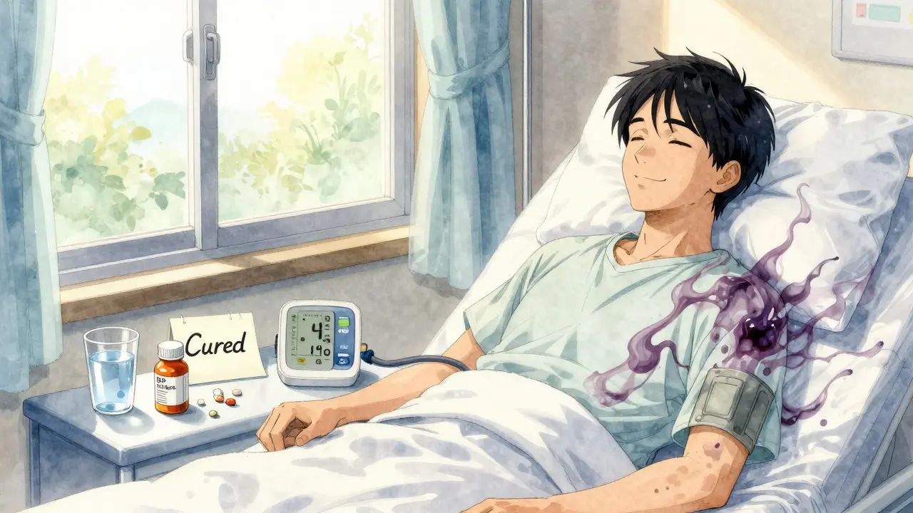 Patient smiling in sunlit room after successful surgery, blood pressure normal, discarded medication bottle beside water cup.