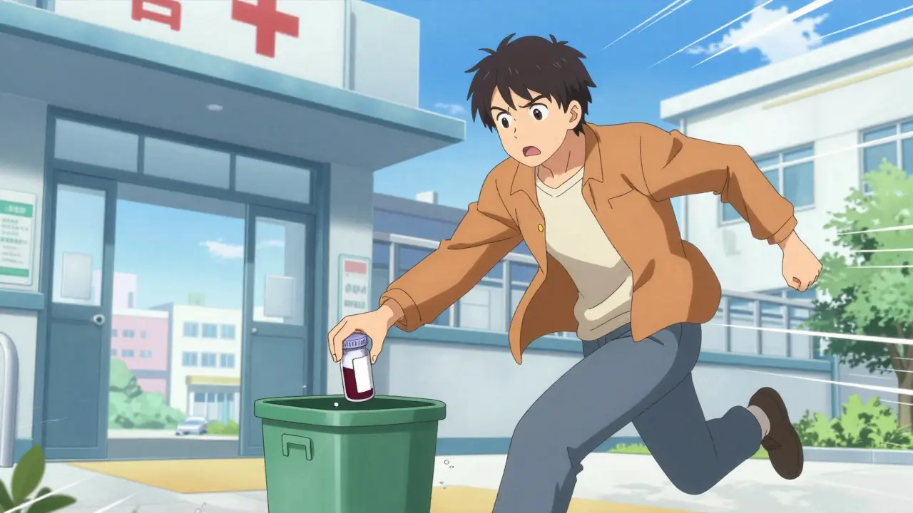 Person discarding supplement bottle while rushing to hospital with blood test vial.