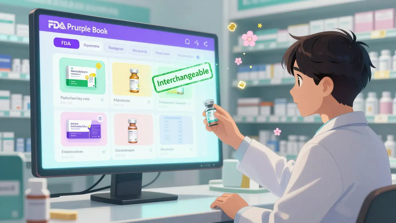 Pharmacist giving a biosimilar vial to a patient, Purple Book interface visible in background.