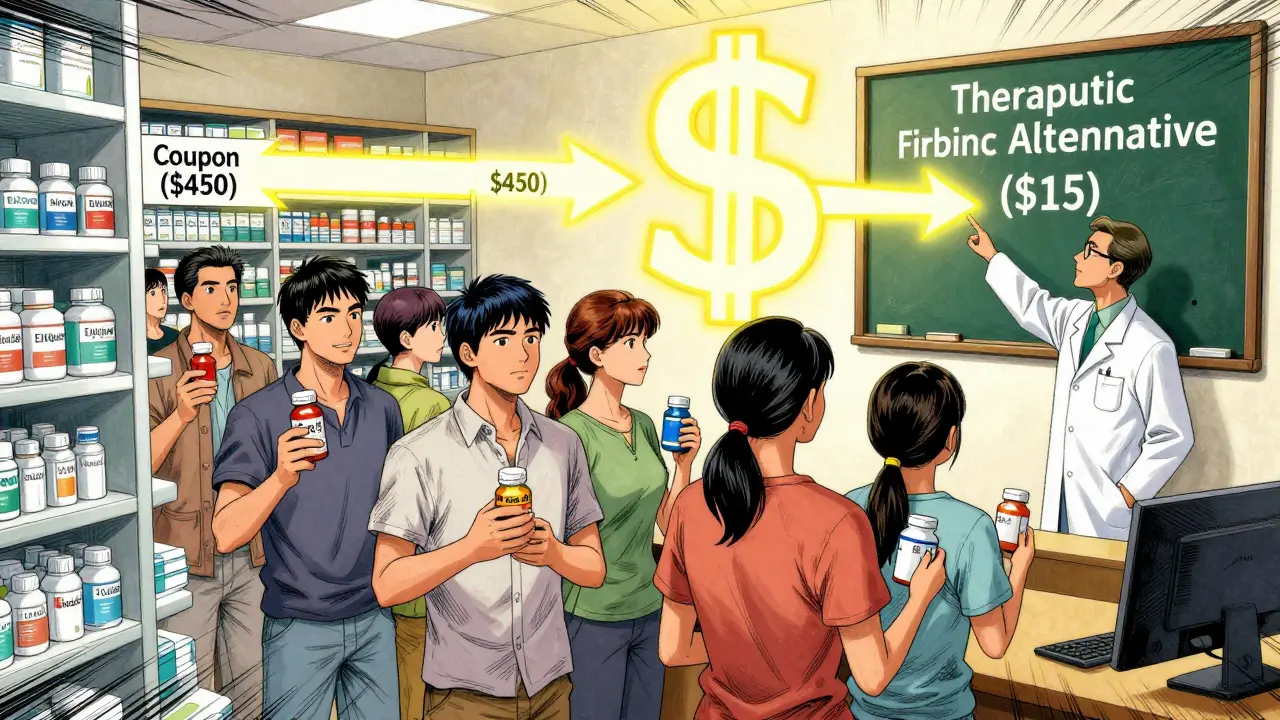 Pharmacist pointing to affordable drug alternatives on a chalkboard while patients look on.