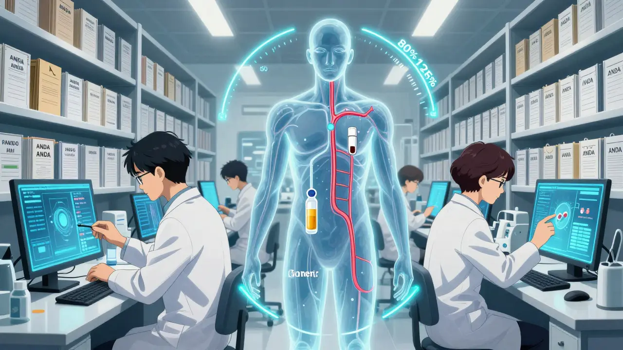 Scientists in an FDA lab analyzing bioequivalence data with holograms showing identical drug absorption in generic and brand medications.