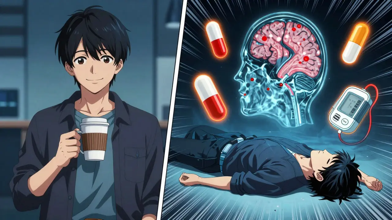 Split scene: calm person vs. collapsed patient with floating MRI brain lesions and medical icons