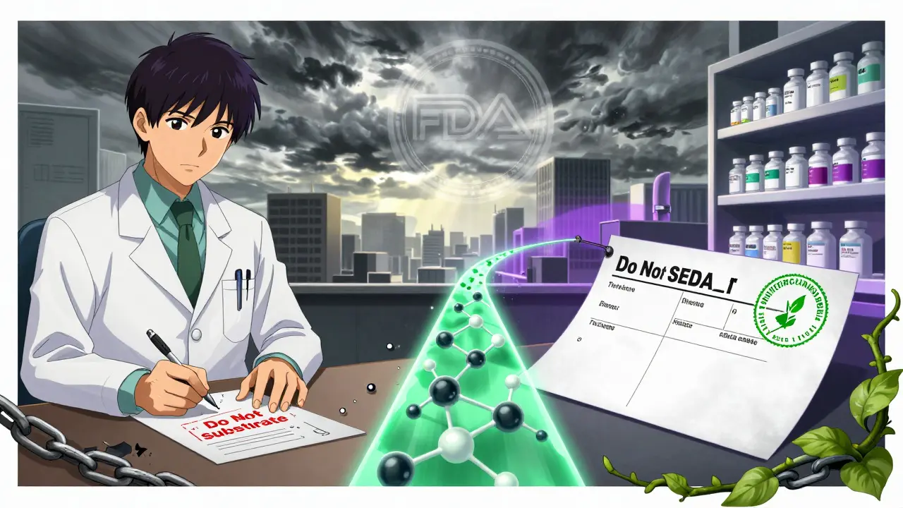 Split scene: doctor writes 'Do Not Substitute' on left, pharmacist dispenses interchangeable biosimilar on right.