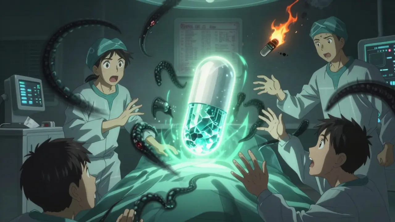 A glowing new pain medication pill dispelling dark opioid shadows above a surgical table, with medical staff watching hopefully.