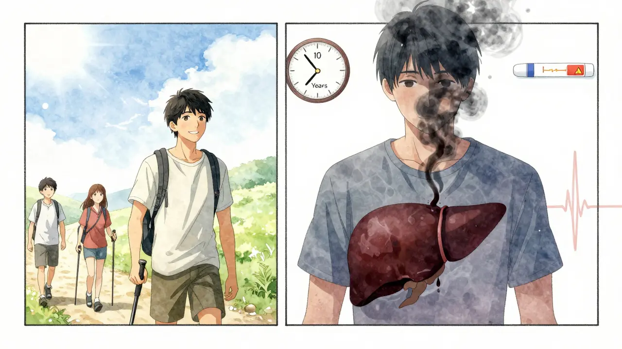 A patient enjoys life outside while their transplanted liver silently leaks damage, shown in internal view, manhua anime style.