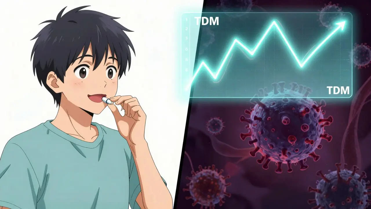 A patient takes their medication while a hidden virus multiplies due to insufficient drug absorption.