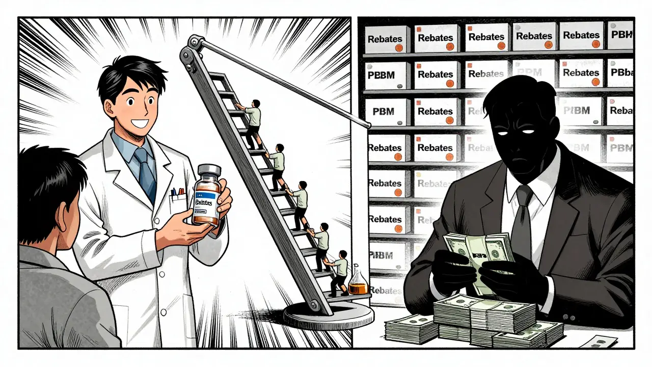 A pharmacist handing a biosimilar to a patient while a PBM executive counts rebates behind branded drug boxes.